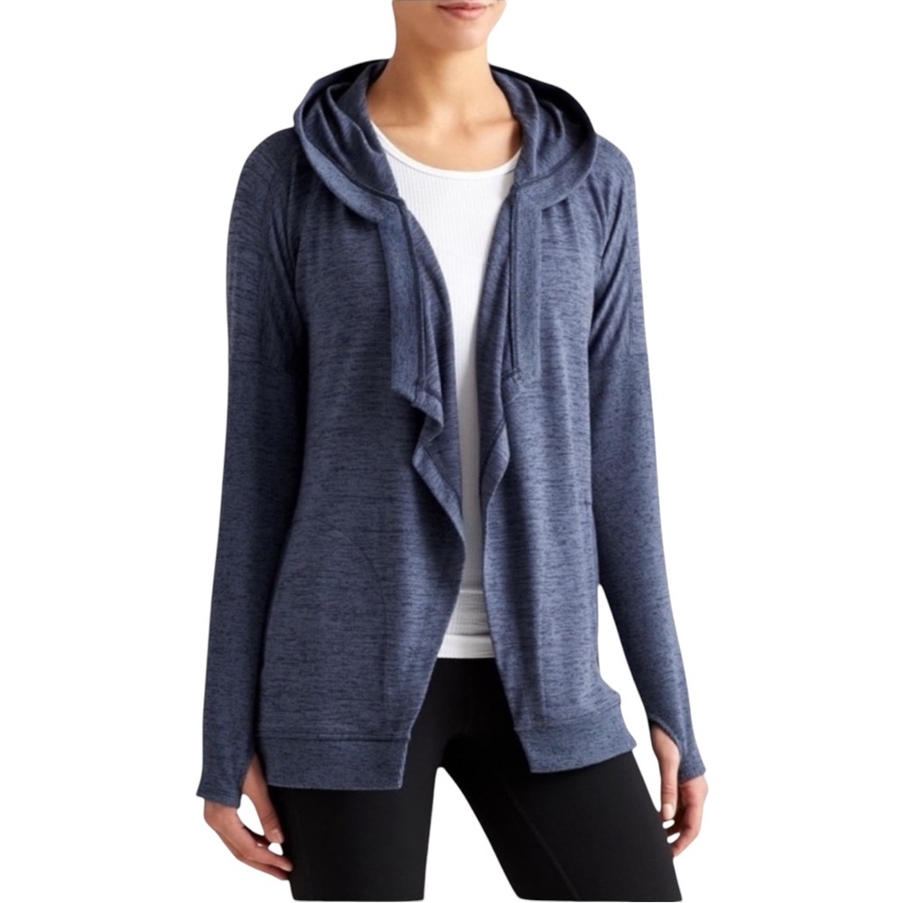 Athleta Blissful Wrap Sweater Medium Blue Open Cardigan Hood Pockets Thumb Holes